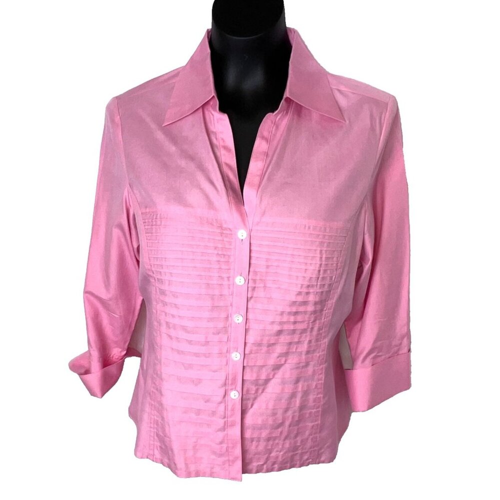 Tracy M - Women's M Blouse Pink Button Up Long Sleeve Silk Washboard Pleated